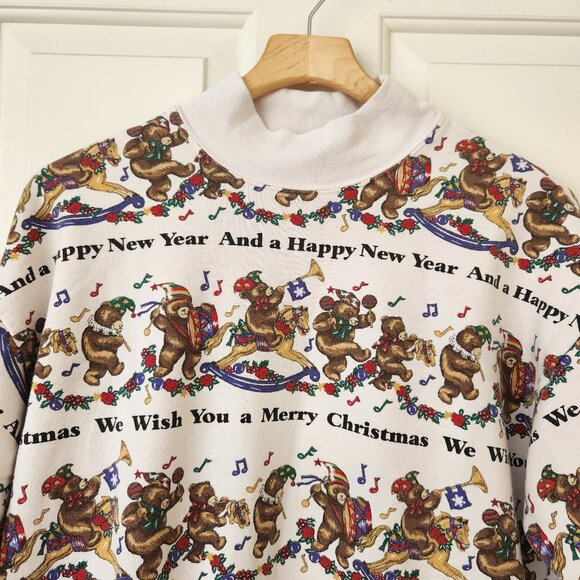 Vintage White Nutcracker Christmas Pullover Sweatshirt Teddy Bears Music Cute - Picture 3 of 12